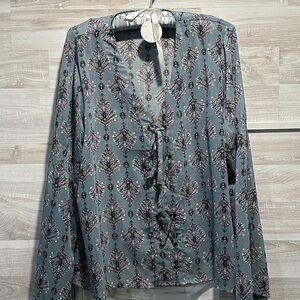EYESHADOW BLUE/GRAY AND PINK FLORAL LONG SLEEVE BLOUSE, EX-LARGE